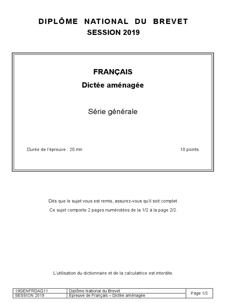 Dictéé Brevet 2021 19GENFRDAG11 | PDF
