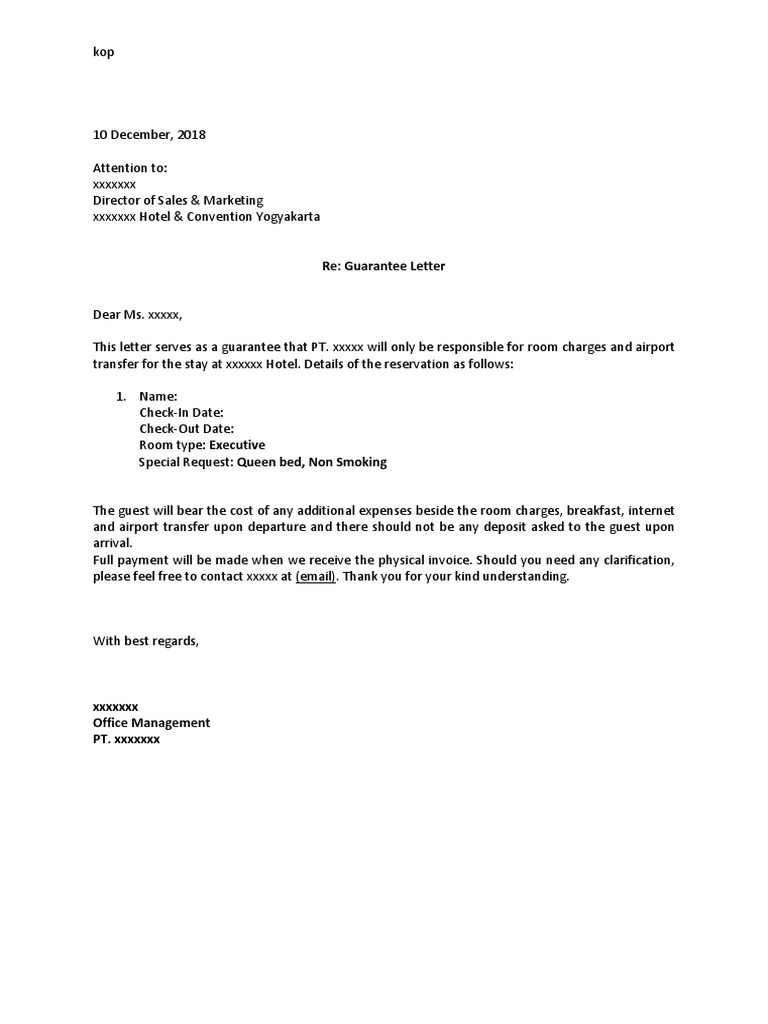 Sample Guarantee Letter Hotel | PDF