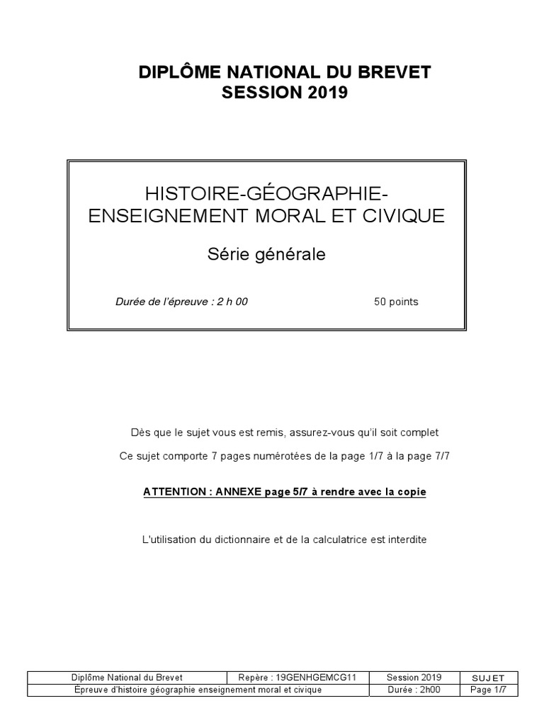 Sujet Brevet Histoire 2020 Pdf Série Générale Bac 2019 Sujets Histoire Geo Pondichery | PDF | Départements de France |  Brevet