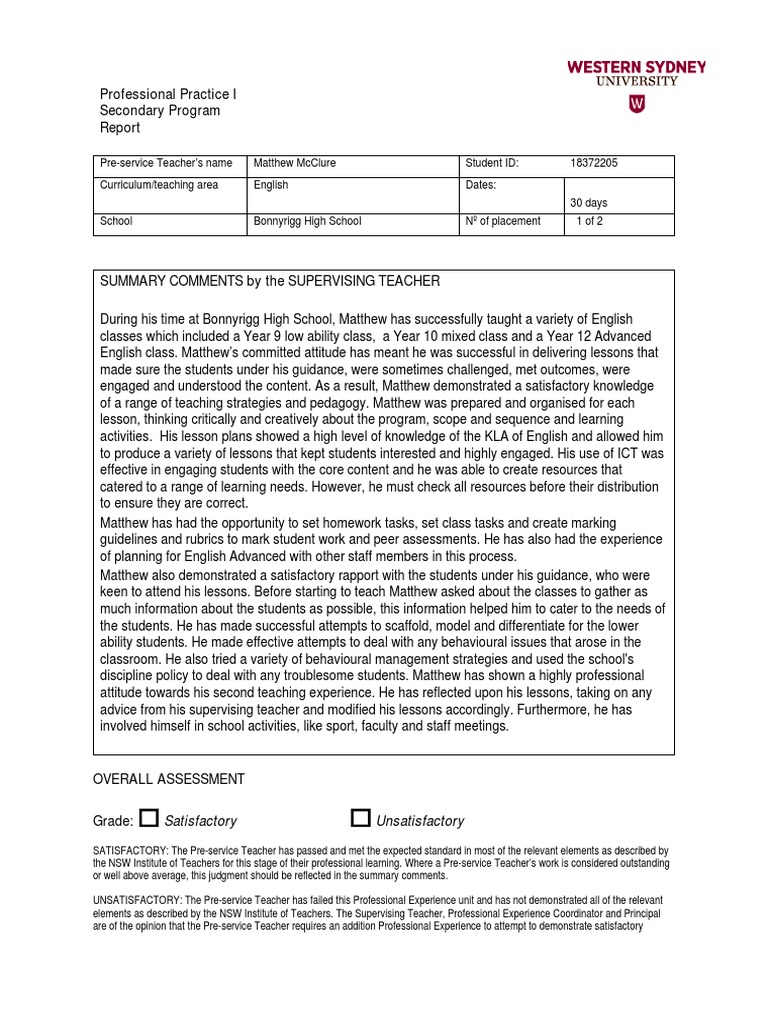 English Teaching Placement Report | PDF | Teachers | Educational Assessment