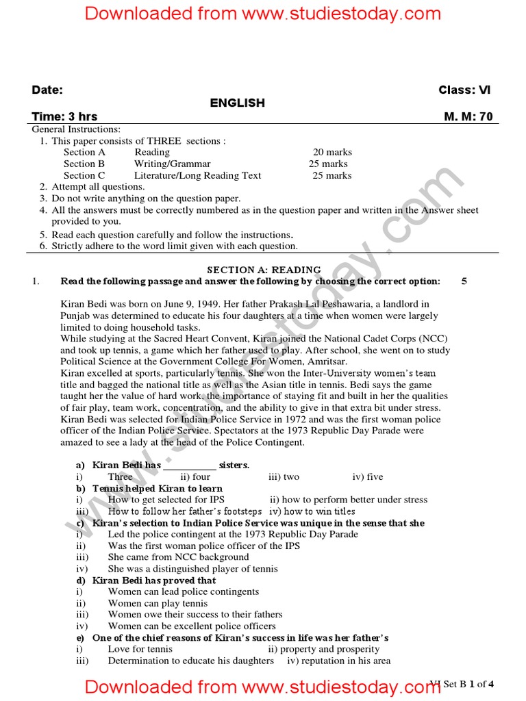 CBSE Class 6 English Question Paper Set D PDF Huckleberry Finn