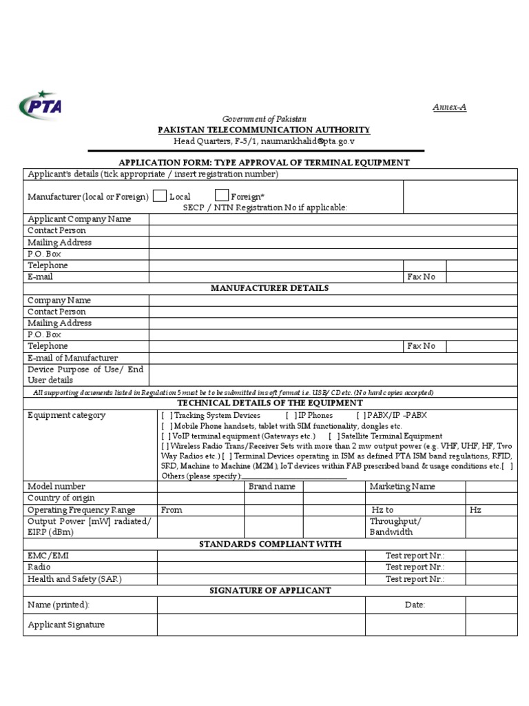 PTA NTN Number Application Form | PDF | Radio | Mobile Phones
