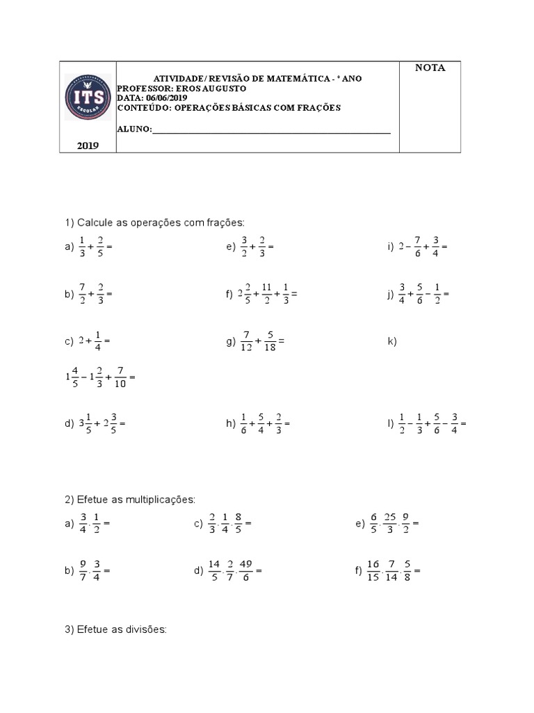 Atividade Matemática - Operações Básicas Com Frações | PDF | Ensino de ...