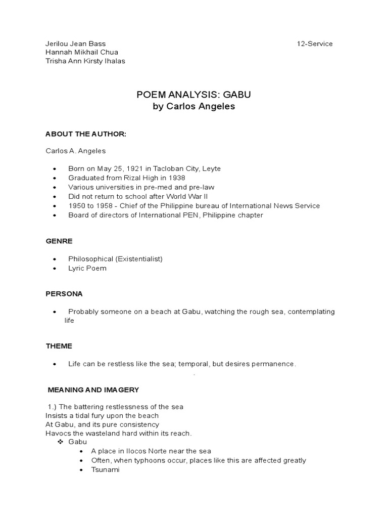 Poem analysis gabu by carlos angeles jerilou jean bass 12 service