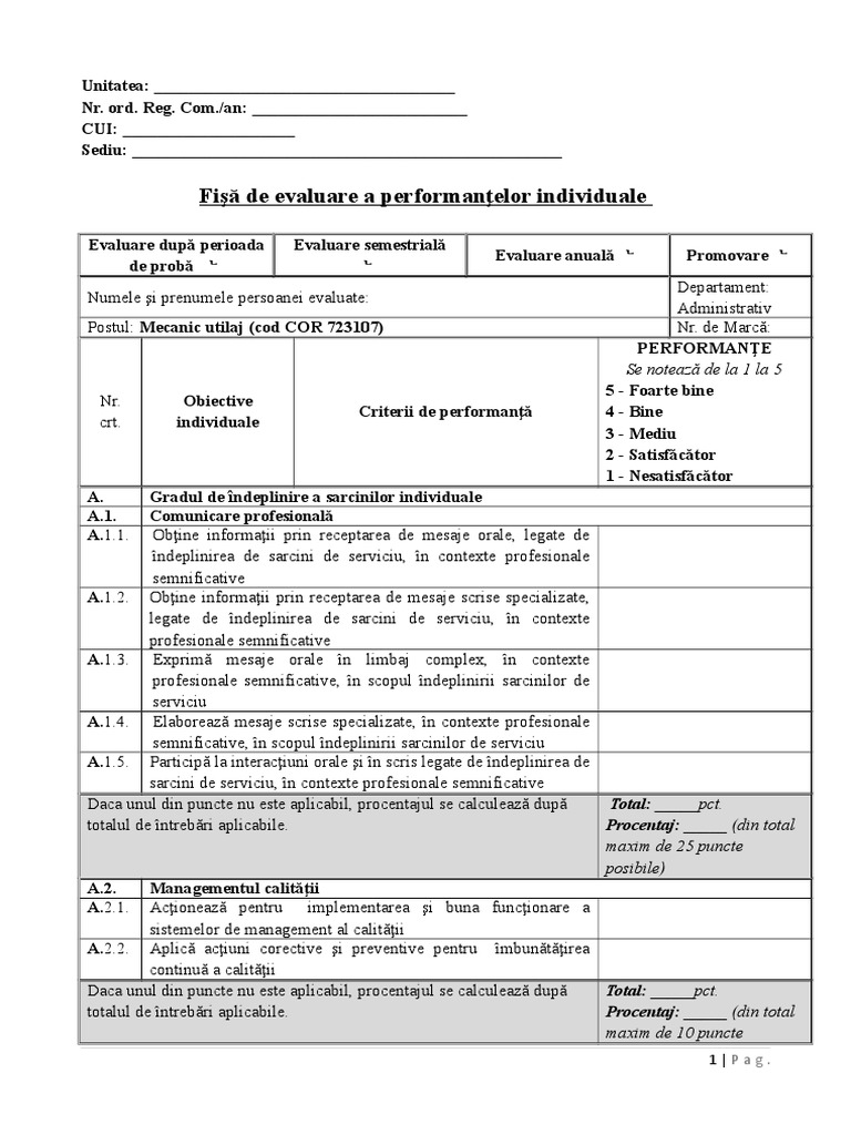 Fisa de Evaluare A Competentelor Mecanic Utilaj (Cod COR) PDF
