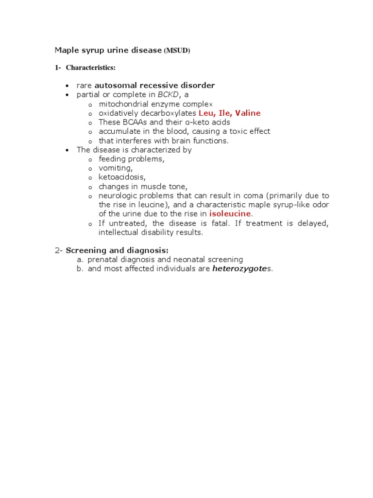 Maple Syrup Urine Disease' | PDF