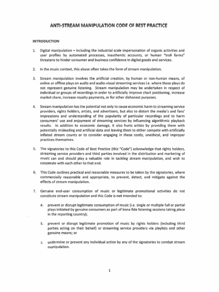 Anti-Stream Manipulation Code of Best Practice | PDF