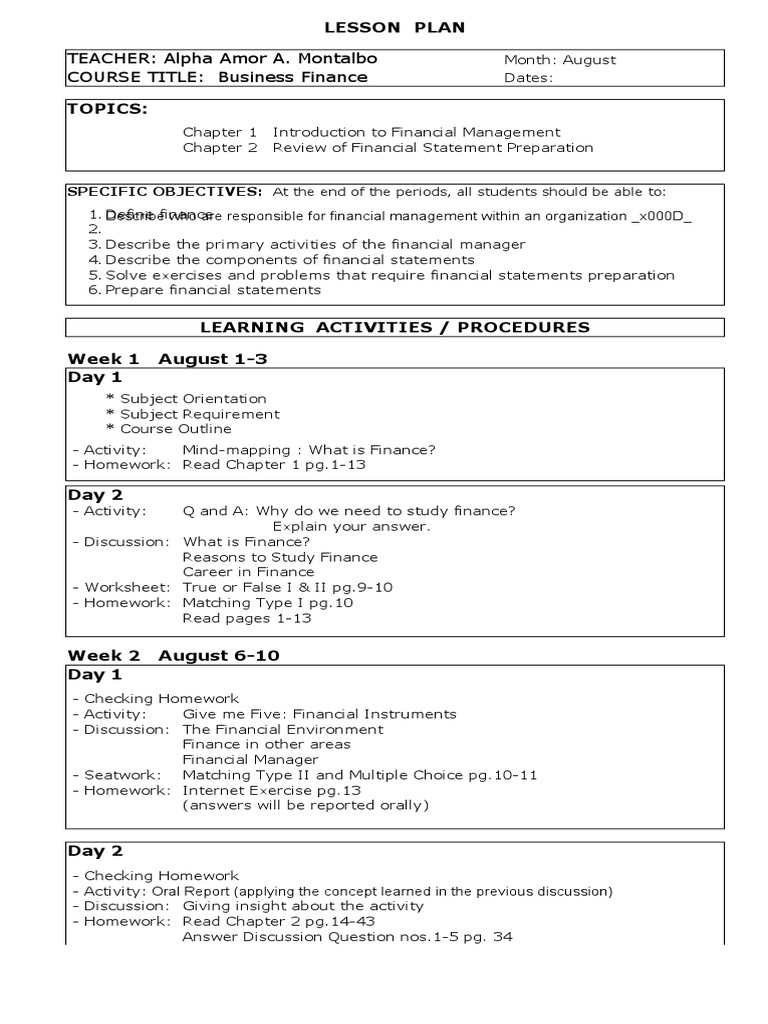 lp 1st qtr business finance pdf lesson plan homework