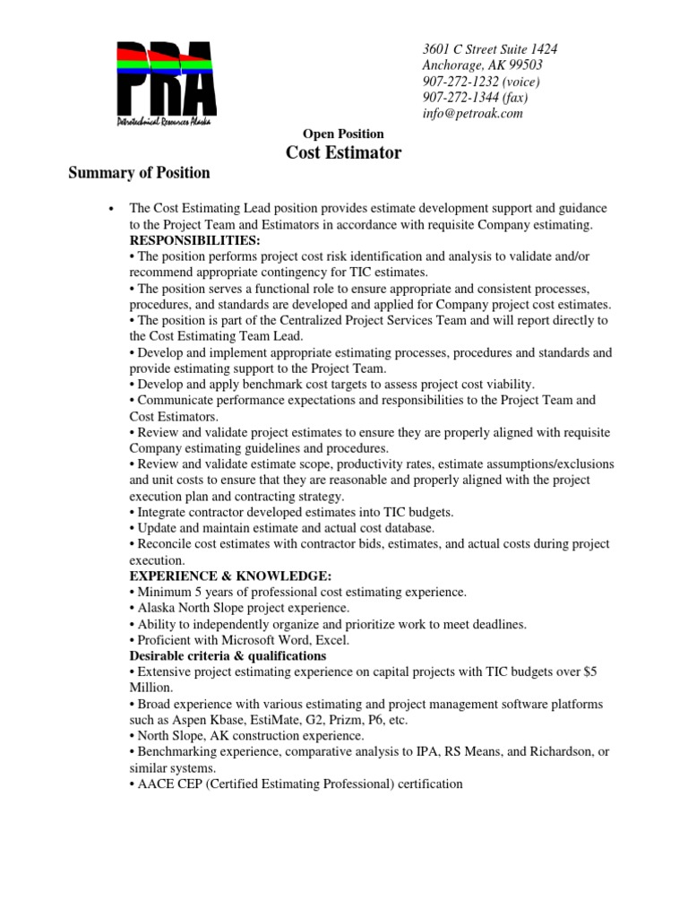 Cost Estimator Summary of Position PDF Project Management Business