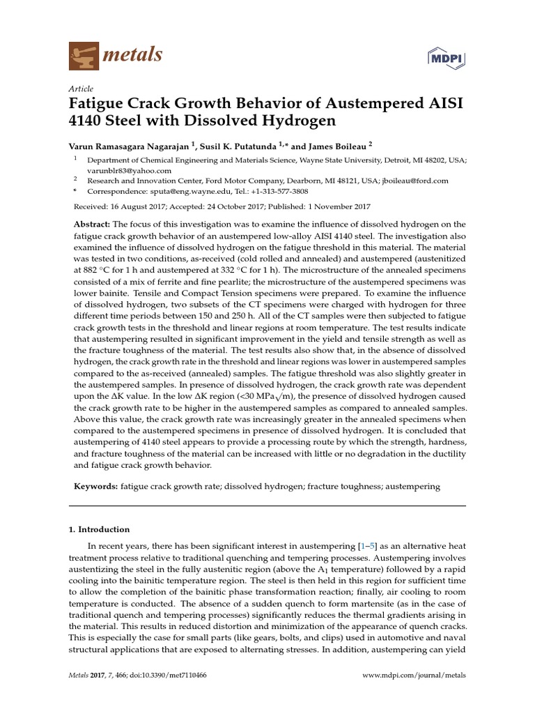 Metals: Fatigue Crack Growth Behavior of Austempered AISI 4140 Steel ...