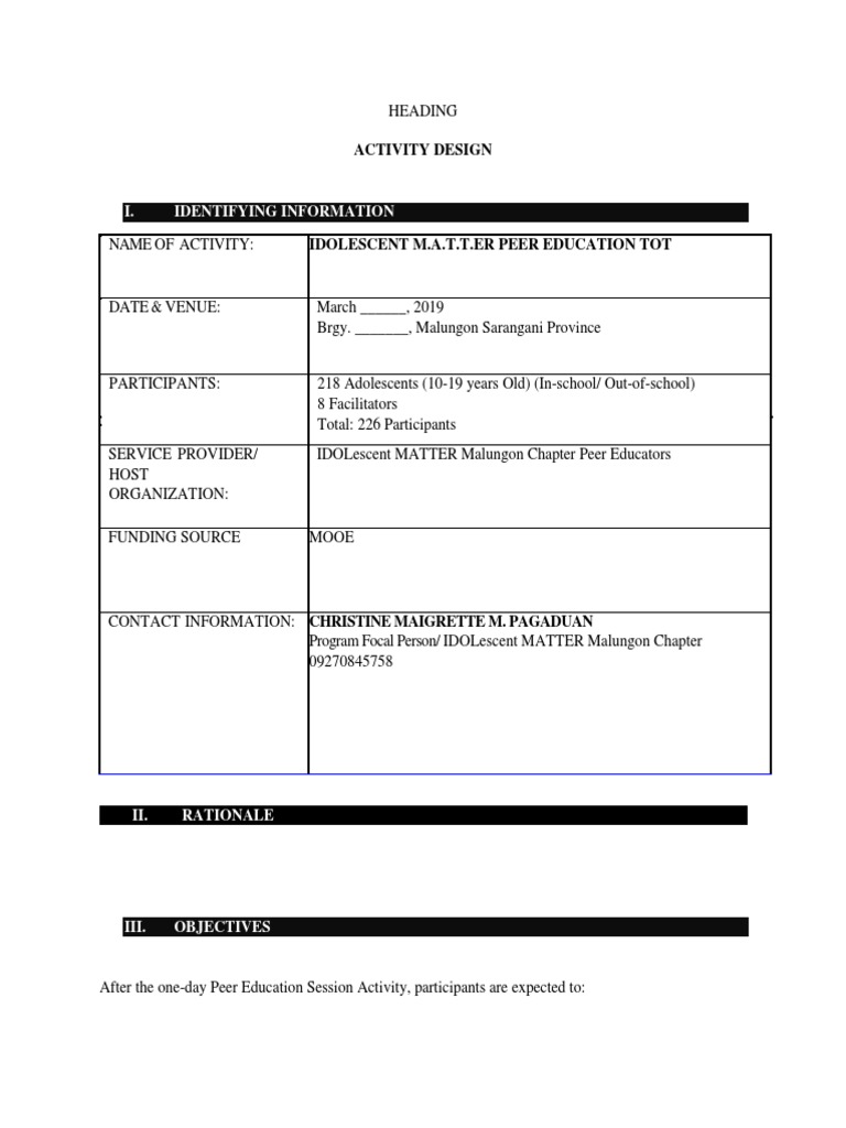 Adolescent Peer Education Activity Plan | PDF | Human Development ...