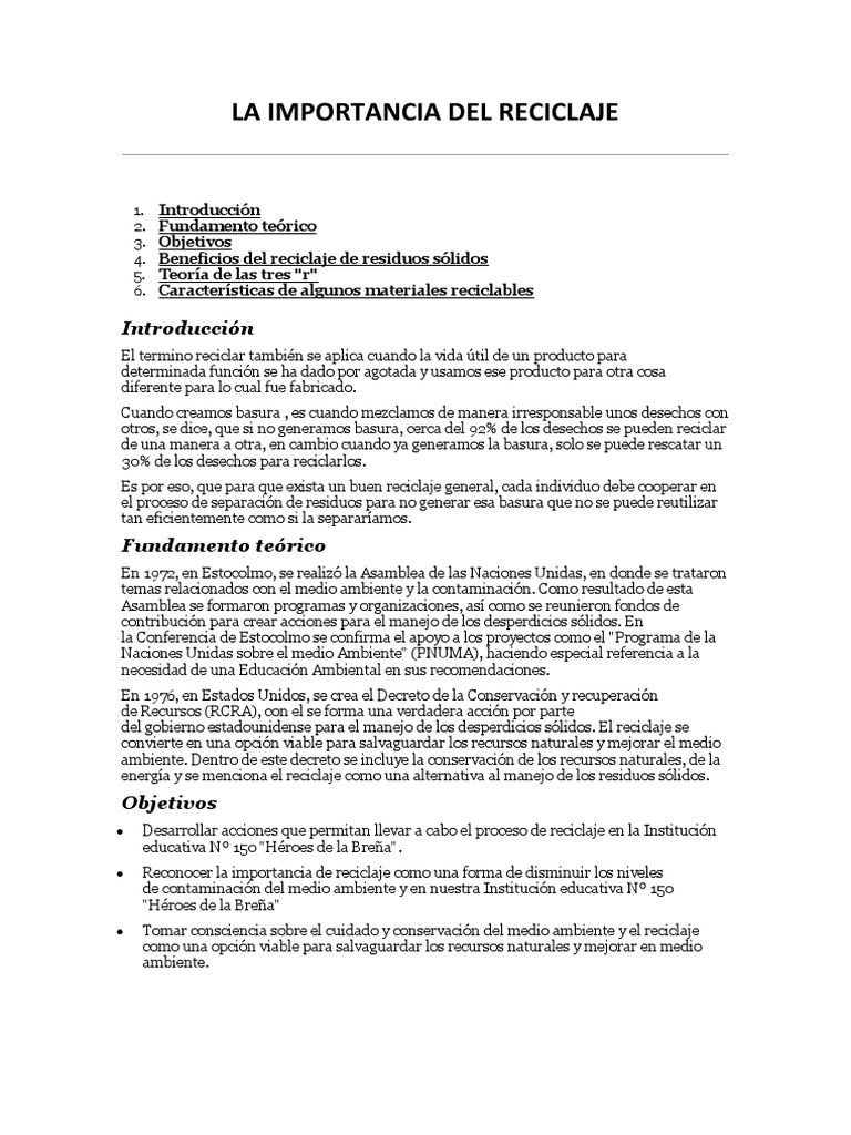 Importancia del Reciclaje en el Medio Ambiente | PDF | Reciclaje | Residuos