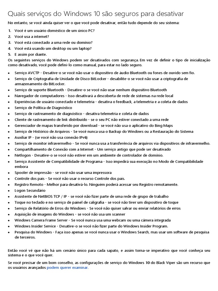 Serviços Seguros para Desativar no Windows 10 | PDF | Bluetooth ...