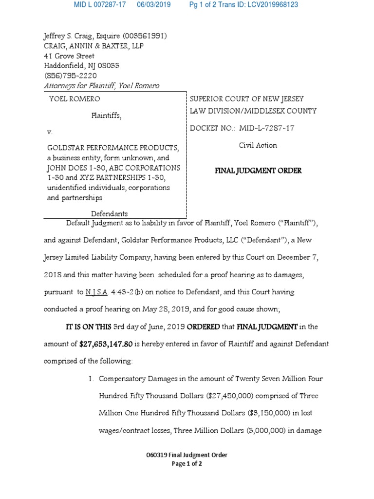 RomeroVGoldstar - Final Judgment Order | PDF | Attorney's Fee | Damages