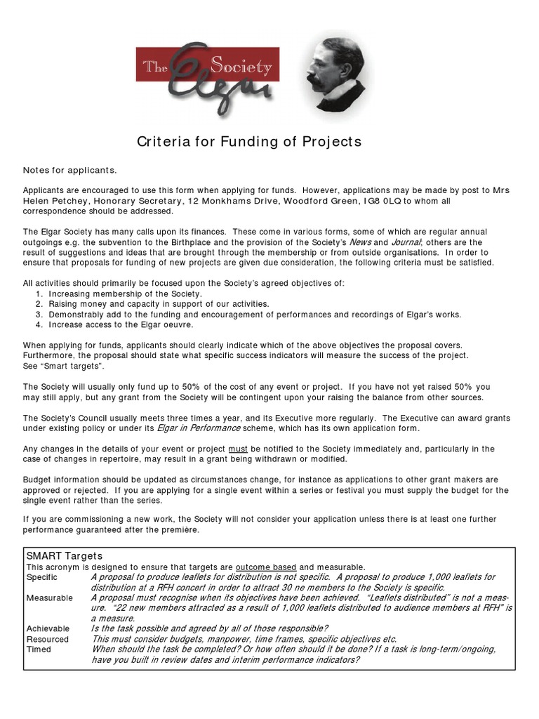 Criteria For Funding of Projects PDF Grant (Money) Charitable
