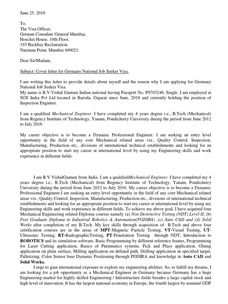 Cover Letter Mechanical Engineering Nondestructive Testing
