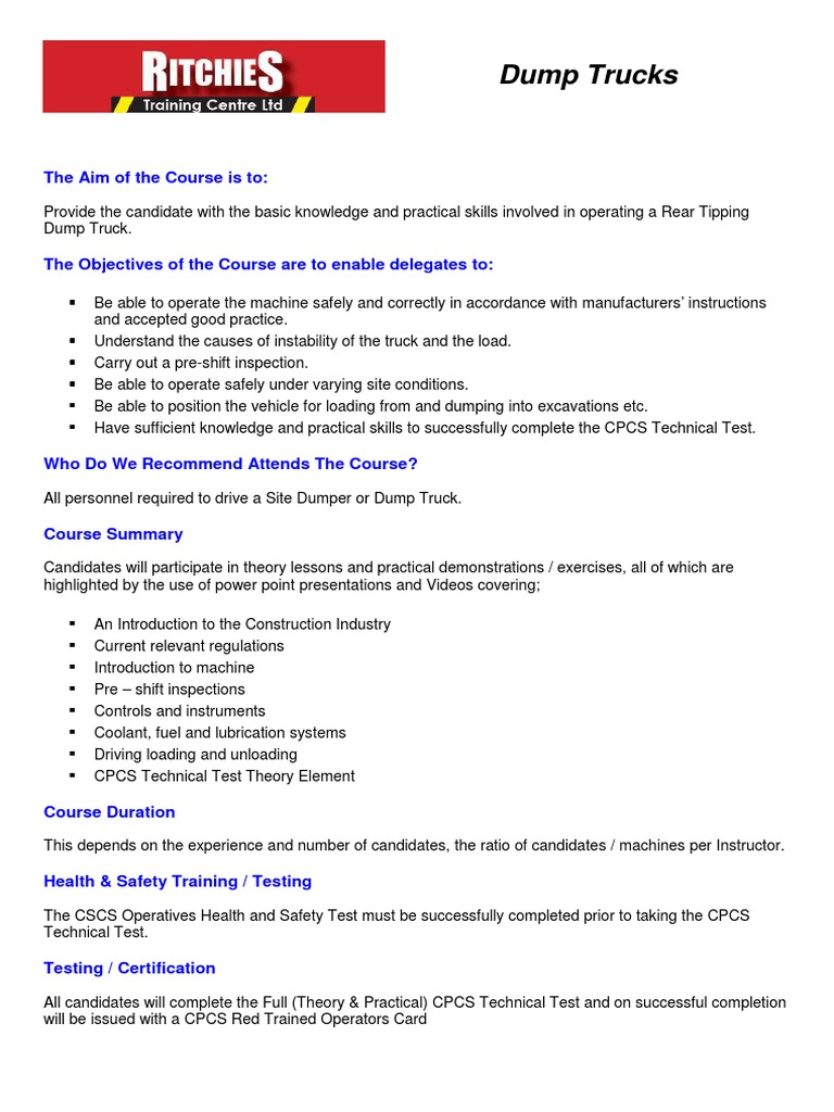 Dump Truck Operator Training Course | PDF
