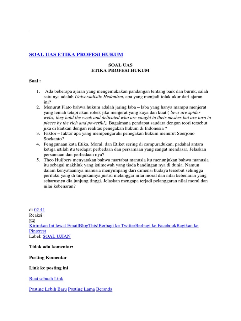 Soal Uas Etika Profesi Hukum