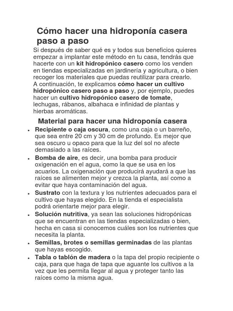 Cómo Hacer Una Hidroponía Casera Paso A Paso | PDF | Hidroponia | Plantas