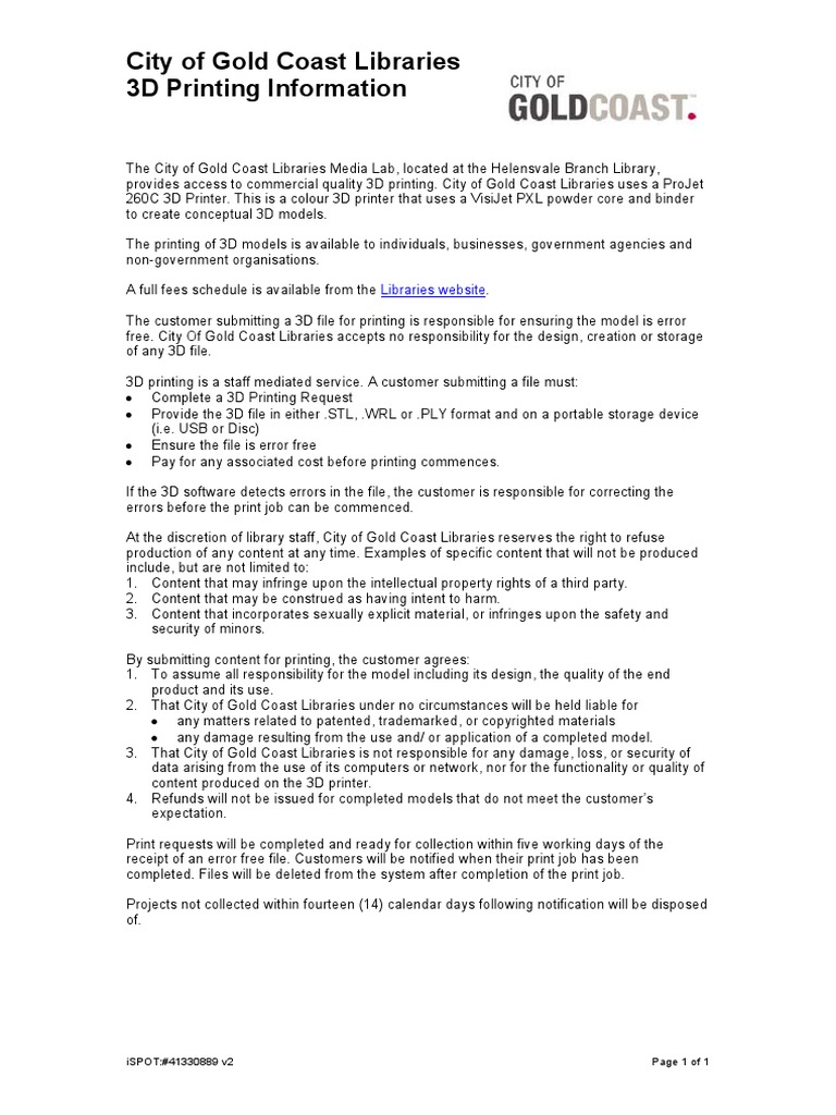 City of Gold Coast Libraries 3d Printing Information PDF 3 D