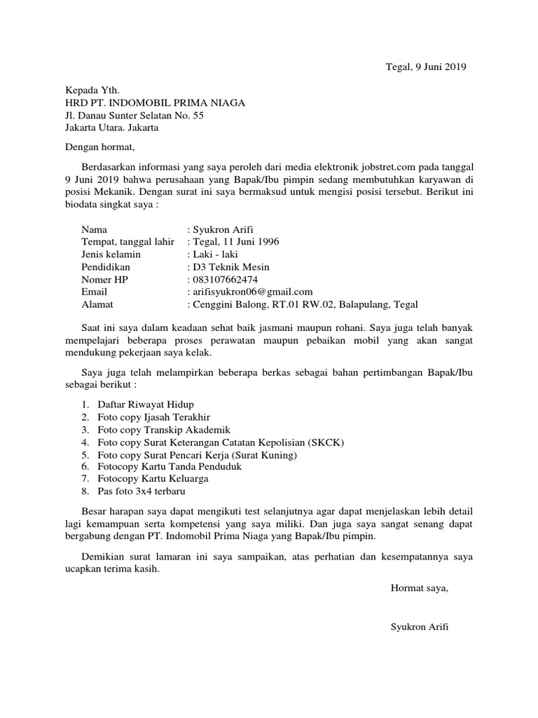 Get Contoh Lamaran Kerja Mekanik PNG