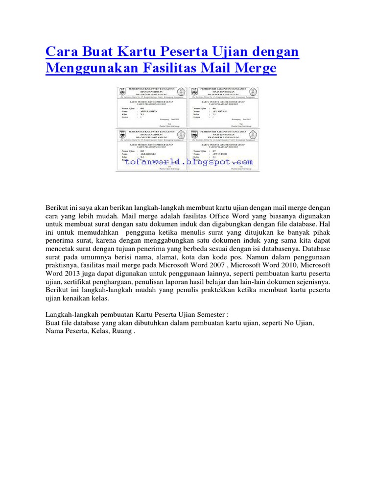 Cara Buat Kartu Peserta Ujian Dengan Menggunakan Fasilitas Mail Merge | PDF
