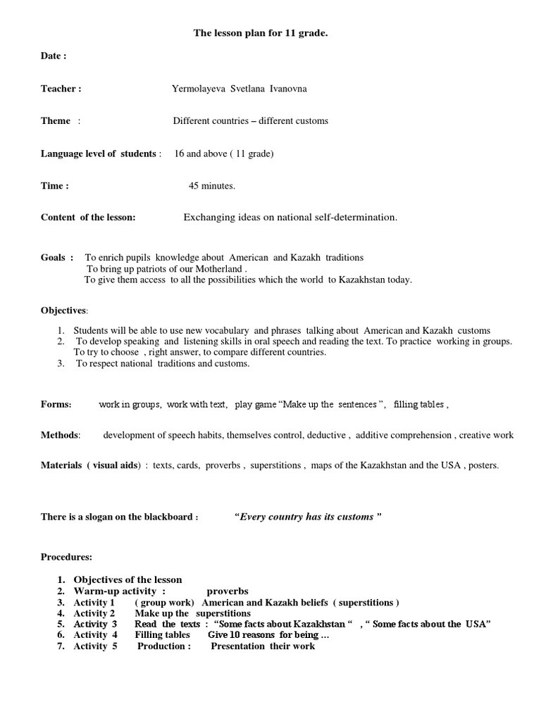 The Lesson Plan For 11 Grade.: Exchanging Ideas On National Self ...