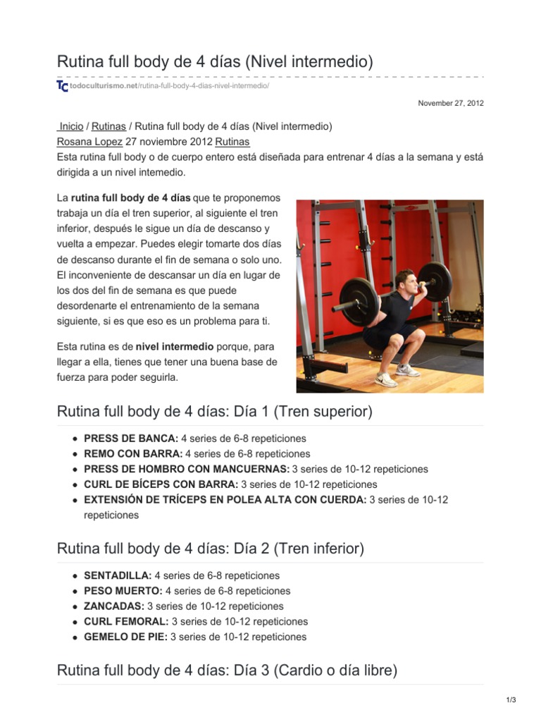 Rutina Definicion 4 Dias Rutina Full Body de 4 Días Nivel Intermedio | PDF | Entrenamiento con pesas  | Levantamiento de pesas