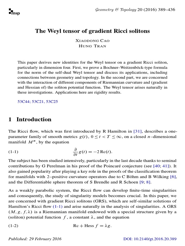 Weyl Tensor in Gradient Ricci Solitons | PDF | Metric Geometry ...