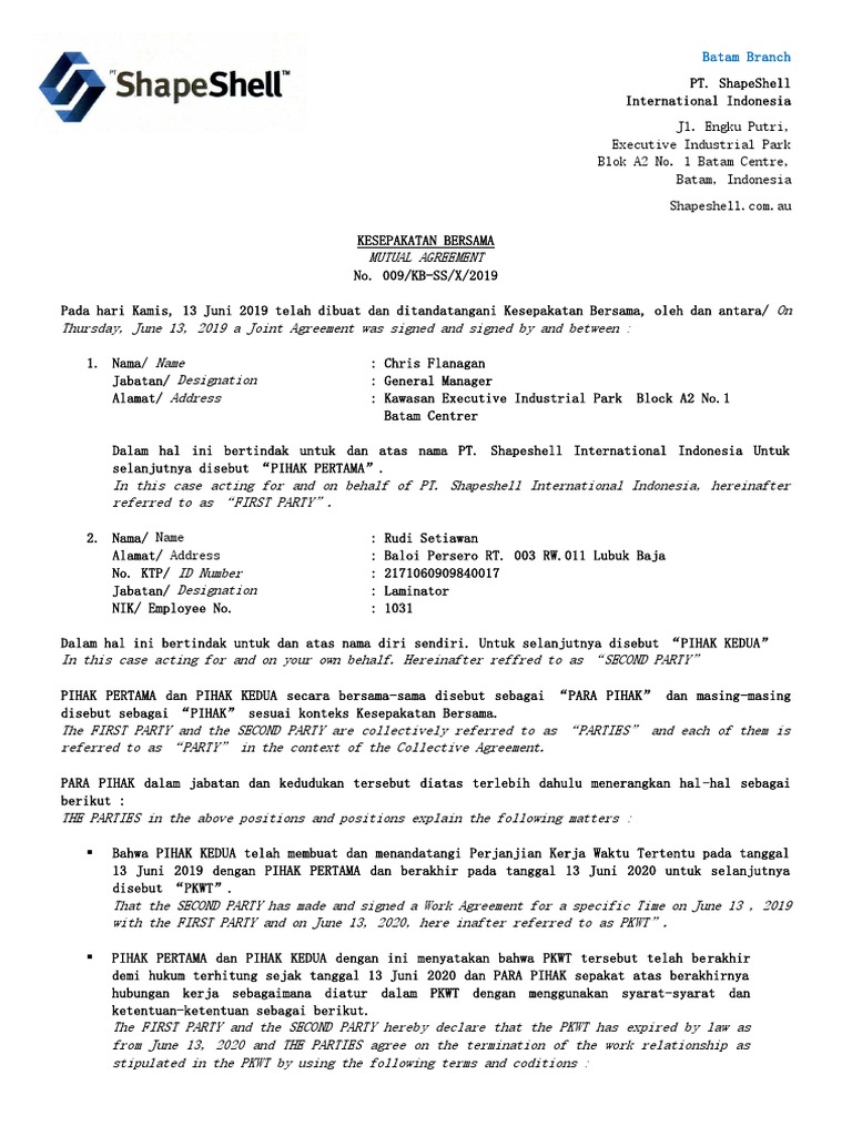Kesepakatan Kerja PT Shapeshell Batam | PDF