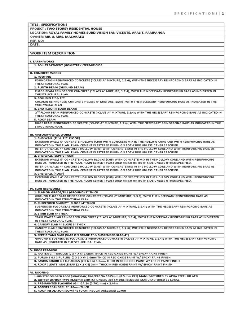 Residential Building Specifications | PDF | Concrete | Reinforced Concrete