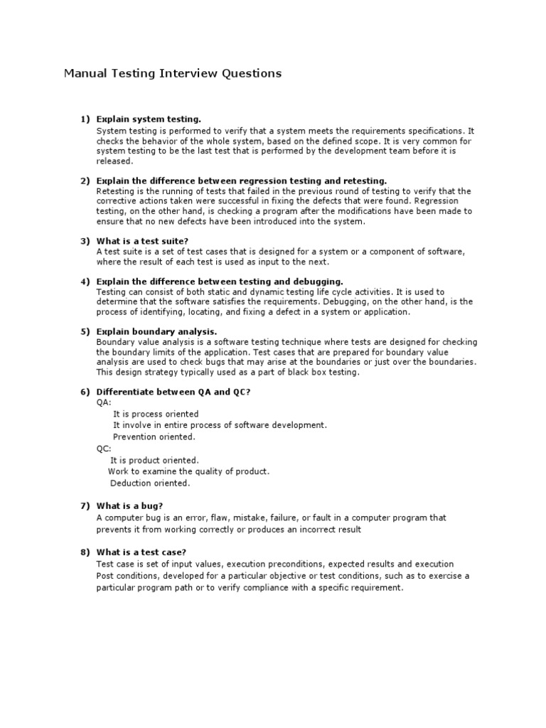 Manual Testing Interview Questions Pdf Software Testing Software Bug