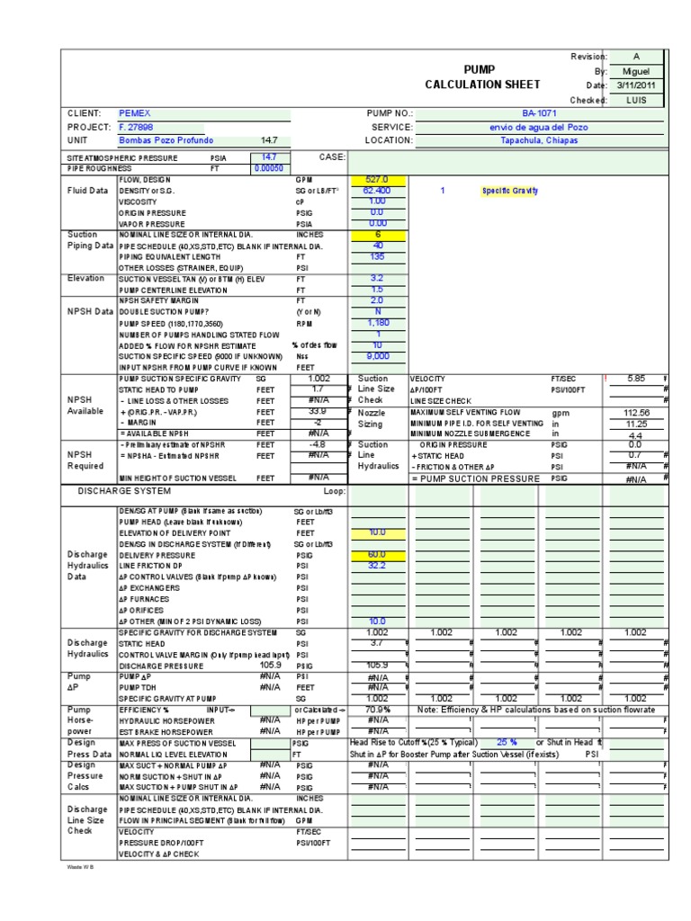 Pump Hydraulics Calculation Sheet | PDF | Pump | Fluid Dynamics