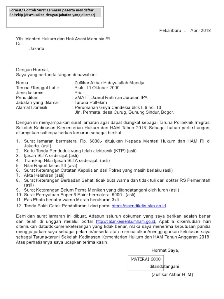 Contoh Surat Lamaran Kemenkumham 2018
