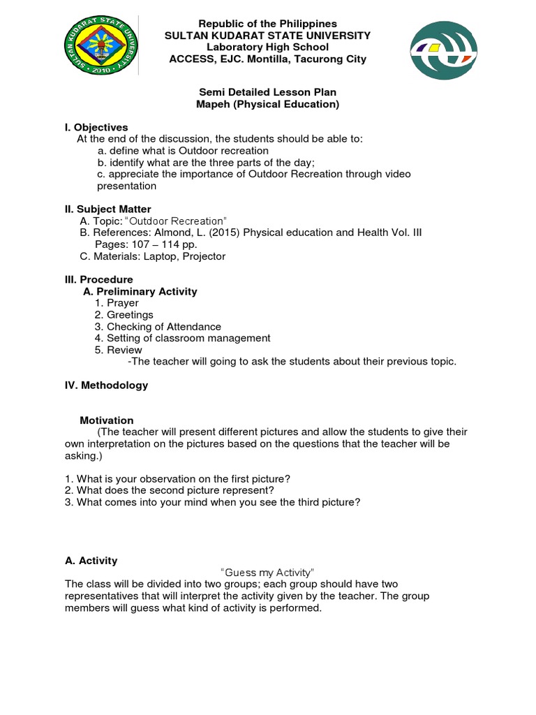 Semi Detailed Lesson Plan in Outdoor Recreation Physical Education