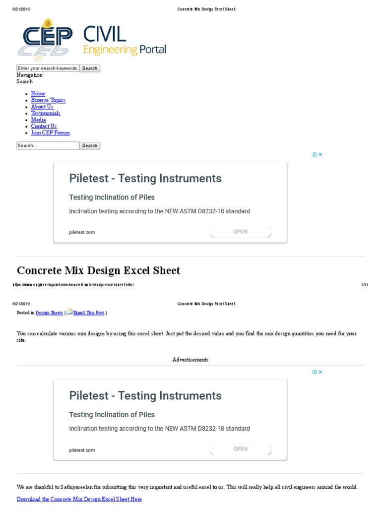 Concrete Mix Design Excel Sheet PDF PDF Concrete Civil Engineering