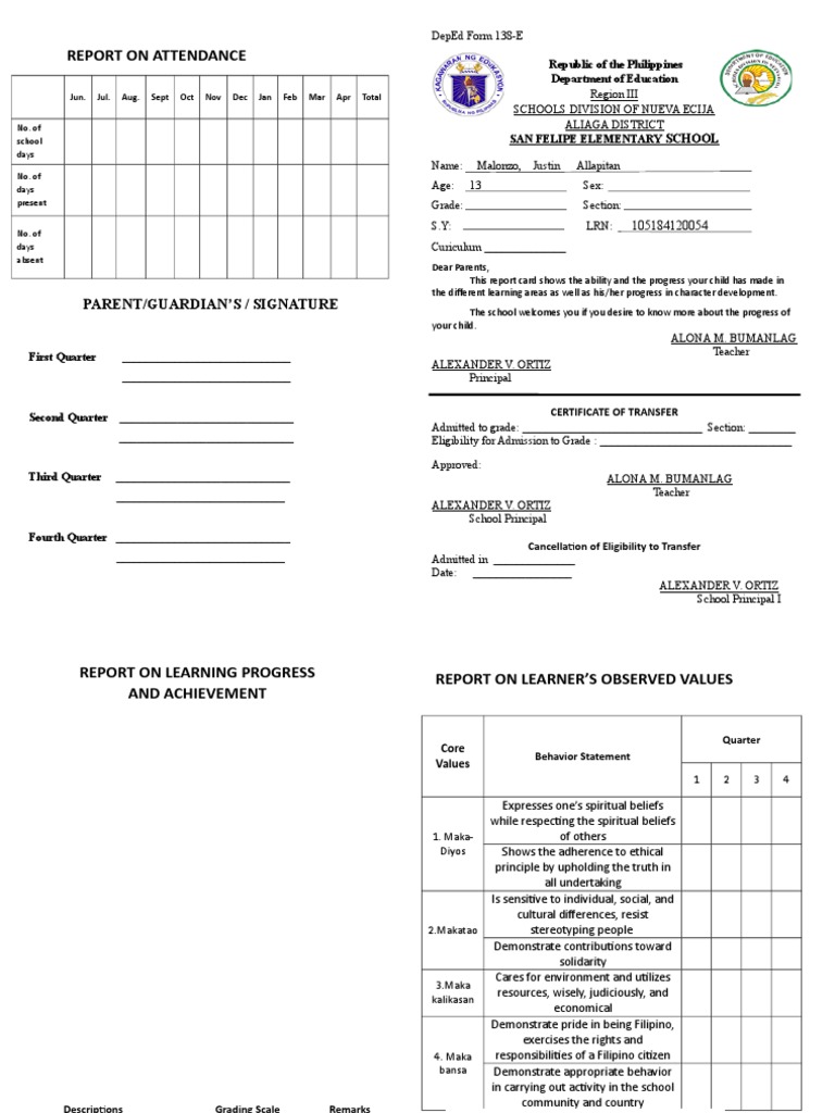 Report On Attendance: Parent/Guardian'S / Signature | PDF ...