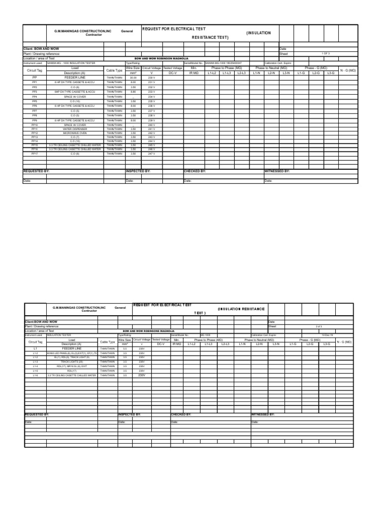 Megger Test Form PDF Insulator (Electricity) Electrical