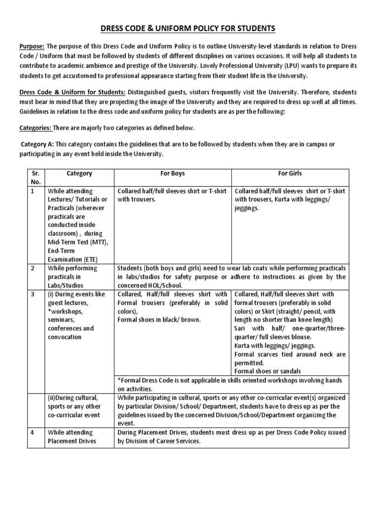 Dress Code & Uniform Policy For Students/Dress Code & Uniform Policy
