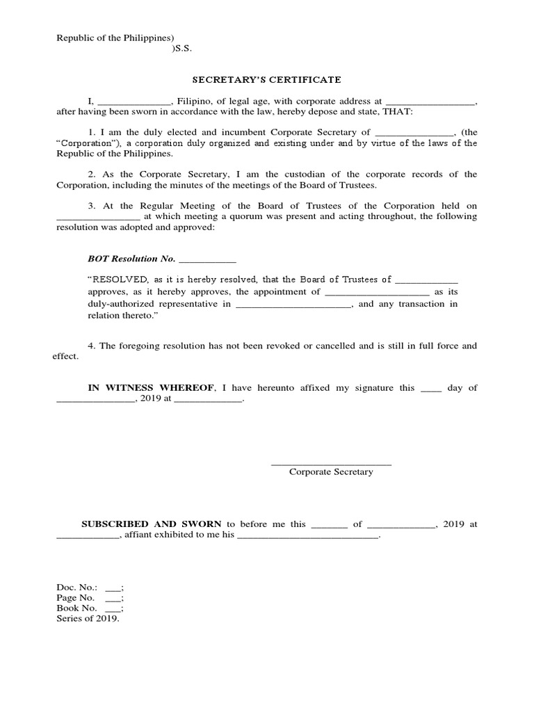 Corporate Secretary's Certificate Template | PDF