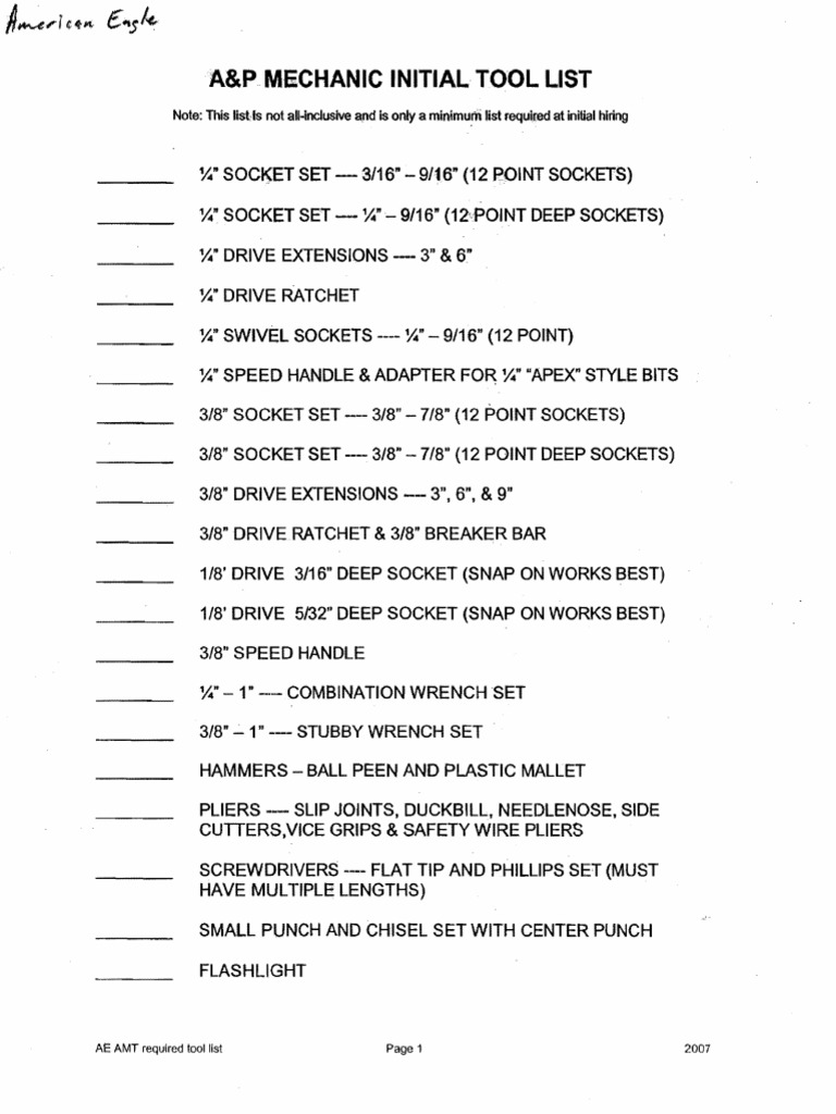 A&P Mechanic Initial Tool List Y." Y." Y." Y." Y." Y." Y." Y." PDF Metalworking Equipment