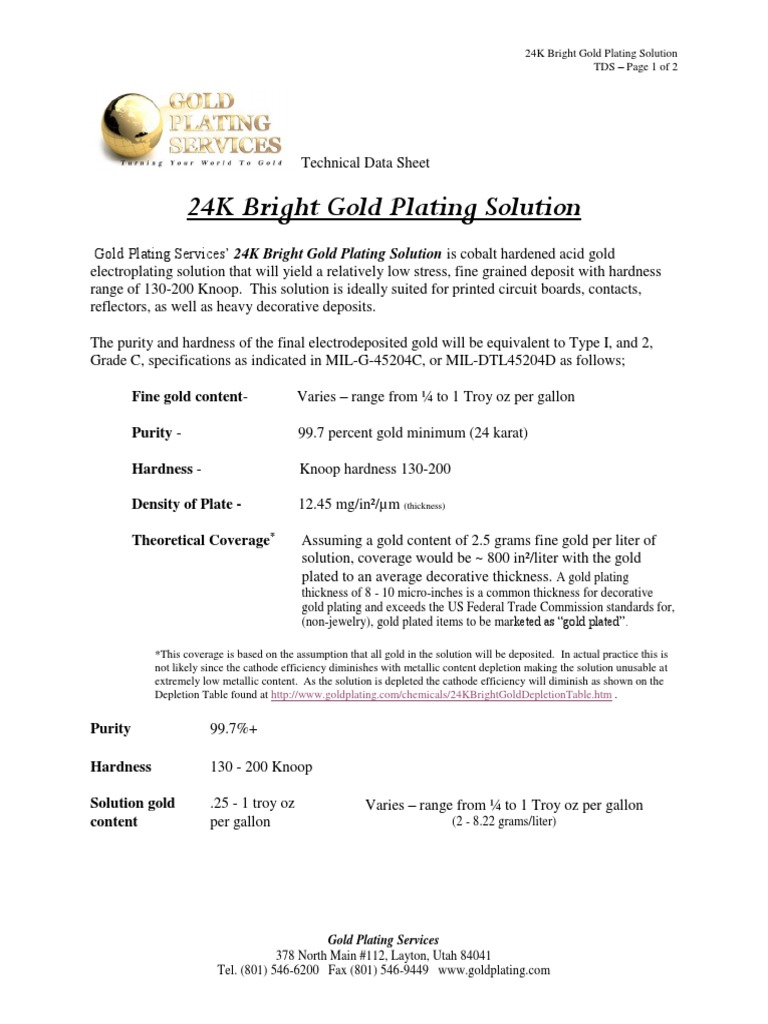 24K Bright Gold Plating Solution Specs | PDF | Gold | Fineness