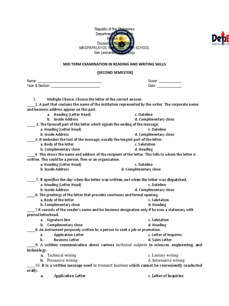 Final Exam in Reading and Writing Skills 1 Communication