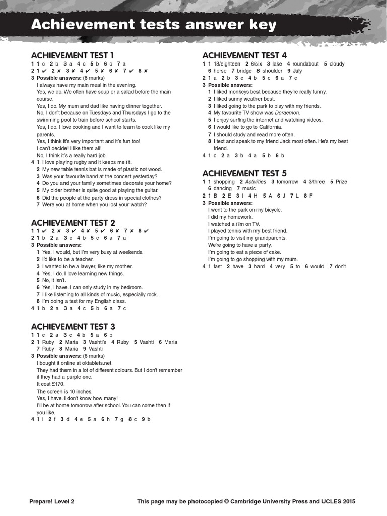 Achievement tests answer key Achievement Test 1 Achievement Test 4