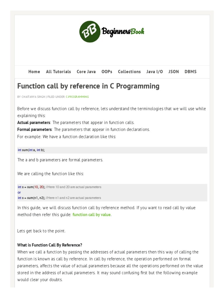 Beginnersbook Com 2014 01 C Function Call By Reference Example PDF