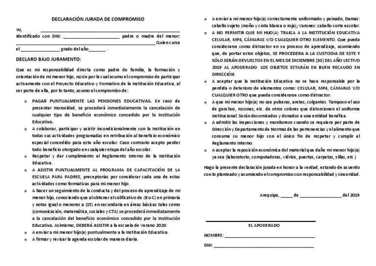 Declaración Jurada de Compromiso Escolar | PDF | Educación avanzada