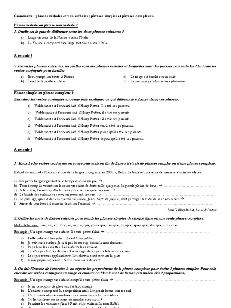 Exercice Phrase Verbale Et Non Verbale 22 Phrase Verbale Non Verbale Simple Complexe Decouverte | PDF | Phrase |  Verbe