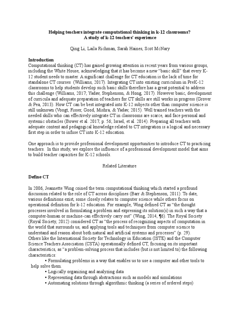 Integrating Computational Thinking in K-12 | PDF | Teachers | Learning