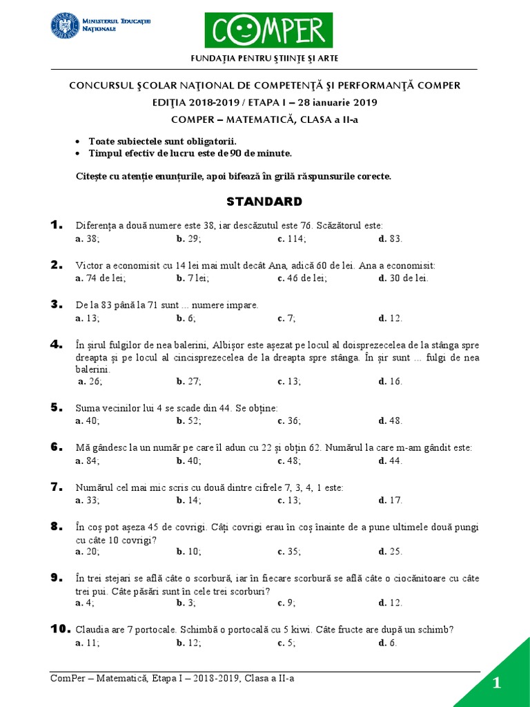 Subiect Comper Matematica Etapai 2018 2019 Clasaii