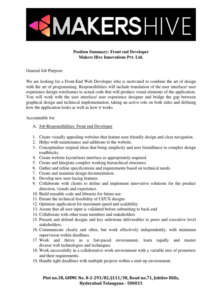 Front End Developer Job Description | PDF | Information Technology ...
